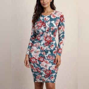 Alexia Admor Blue Gray Floral Stretch Jersey Knit Long Sleeve Crewneck Dress SM